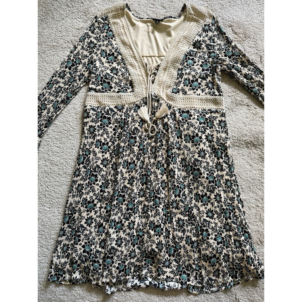 Torridโ Skater Dress Size 1 Gauze Lace-Up Trim Bell Sleeves Blue/Teal Floral